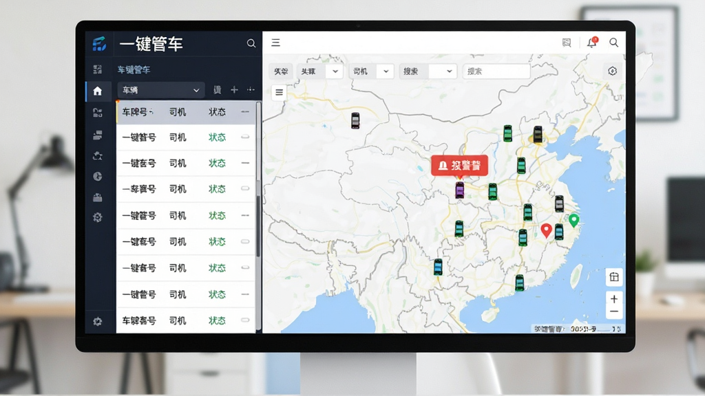 主体:电脑显示器展示“一键管车”车队管理后台,左侧为车辆列表,右侧为地图,地图上有多个车辆图标分散分布。布局:左侧列表宽约三分之一,右侧地图占三分之二,顶部为筛选工具栏。排版:列表行显示车牌号、司机、状态,地图车辆图标带颜色标识。风格:企业级后台风格,深色侧边栏,地图为浅色,信息密度适中。细节:地图上有一个红色报警弹窗,列表有滚动条,工具栏有搜索框。画质:高清,干净,无多余元素。