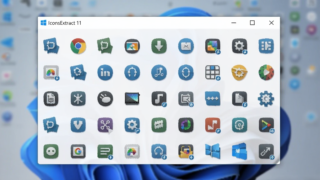IconsExtract在Windows 11系统上运行的特写,显示提取出的图标阵列,背景模糊,突出软件窗口,画质清晰,干净无多余元素