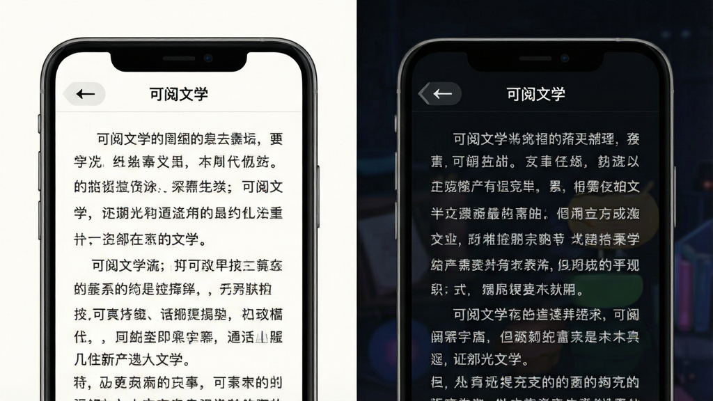 一幅对比插画,左侧是白天模式下的阅读界面,右侧是夜间模式下的阅读界面,主体是手机屏幕特写,屏幕内显示连续的文本段落,字体清晰,行距舒适,顶部有“可阅文学”字样和返回按钮。背景采用左右分屏设计,左侧为亮色,右侧为暗色,整体风格简洁,画质细腻,无多余元素。