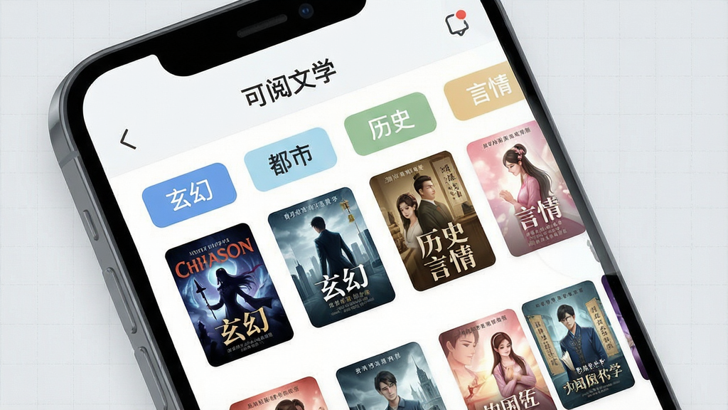 一张展示可阅文学APP书库分类界面的高清截图风格插画,主体是手机屏幕放大视图,屏幕内显示“玄幻”、“都市”、“历史”、“言情”等分类标签,每个分类配以代表性封面小图,布局整齐,色彩鲜明。背景为浅灰色,带有微妙的网格纹理,整体风格现代简约,画质清晰干净,无多余元素。