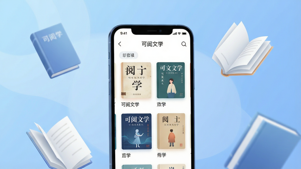 一幅现代简约风格的数字阅读场景插画,主体是一部亮屏的智能手机,屏幕中展示可阅文学APP的书籍列表界面,界面布局清晰,封面图整齐排列,上方有“可阅文学”字样。背景是柔和的渐变蓝色,搭配几本悬浮的立体书本和飘动的书页,整体风格干净明亮,画质细腻,无多余元素。