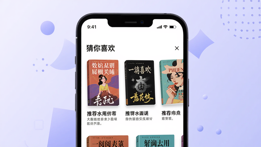 一幅展示可阅文学APP个性化推荐功能的插画,主体是手机屏幕内展示“猜你喜欢”板块,排列着几本封面风格迥异的书籍,每本下方有推荐理由标签。背景为淡紫色渐变,叠加几何图形装饰,整体风格时尚现代,画质干净,无多余元素。