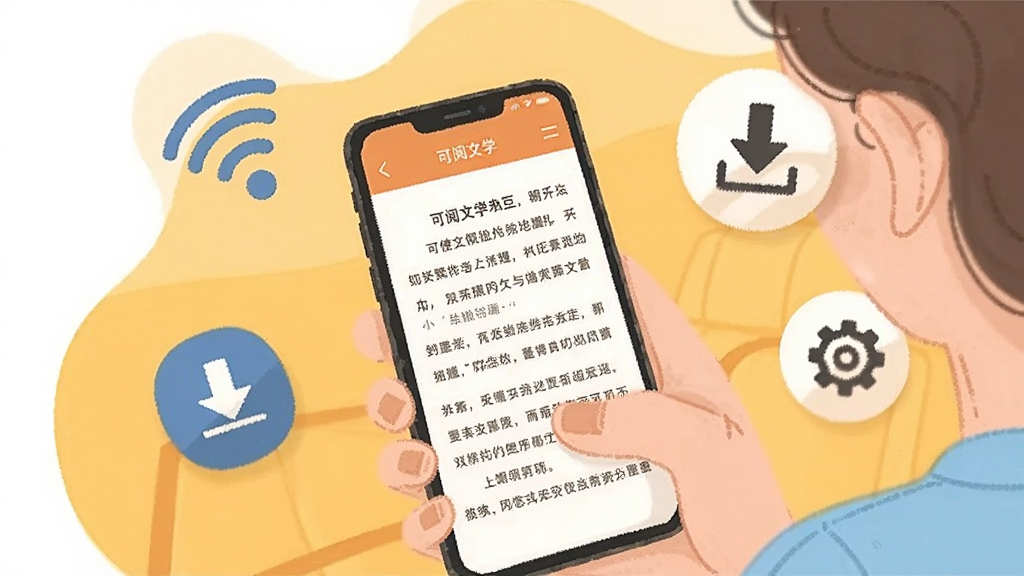 一幅展示可阅文学APP使用场景的插画,主体是用户手持手机阅读小说,屏幕中显示阅读界面,周围有Wi-Fi信号、下载箭头、设置齿轮等图标环绕。背景为暖黄色,整体风格生活化,画质干净,无多余元素。