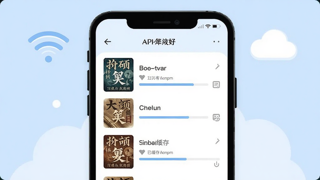 一幅展示可阅文学APP离线下载功能的插画,主体是手机屏幕内显示下载管理页面,列表中有几本小说封面和下载进度条,其中一本显示“已缓存”状态。背景是简洁的浅蓝色,搭配Wi-Fi信号和云朵图标,整体风格清新简约,画质干净,无多余元素。