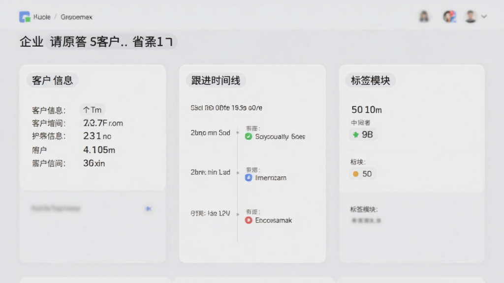 企业通客户关系管理系统客户档案详情页,页面包含客户基本信息、跟进时间线、标签模块,采用卡片式布局,浅灰色背景,文字清晰,画质柔和干净,无多余元素