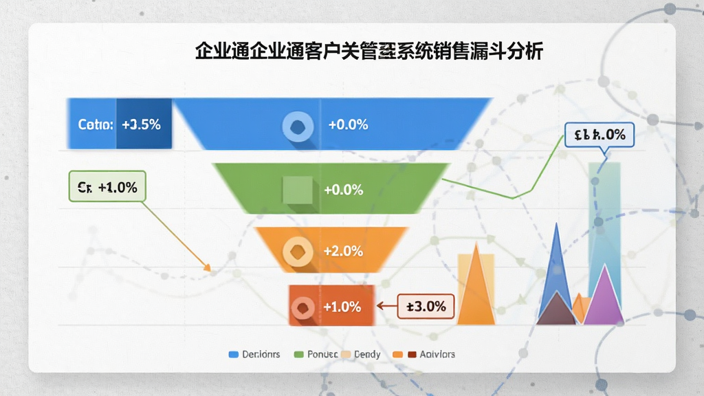 企业通客户关系管理系统销售漏斗分析图表,展示不同阶段客户数量与转化率,图表色彩鲜明,背景简约有质感,数据可视化清晰,画质干净无多余元素