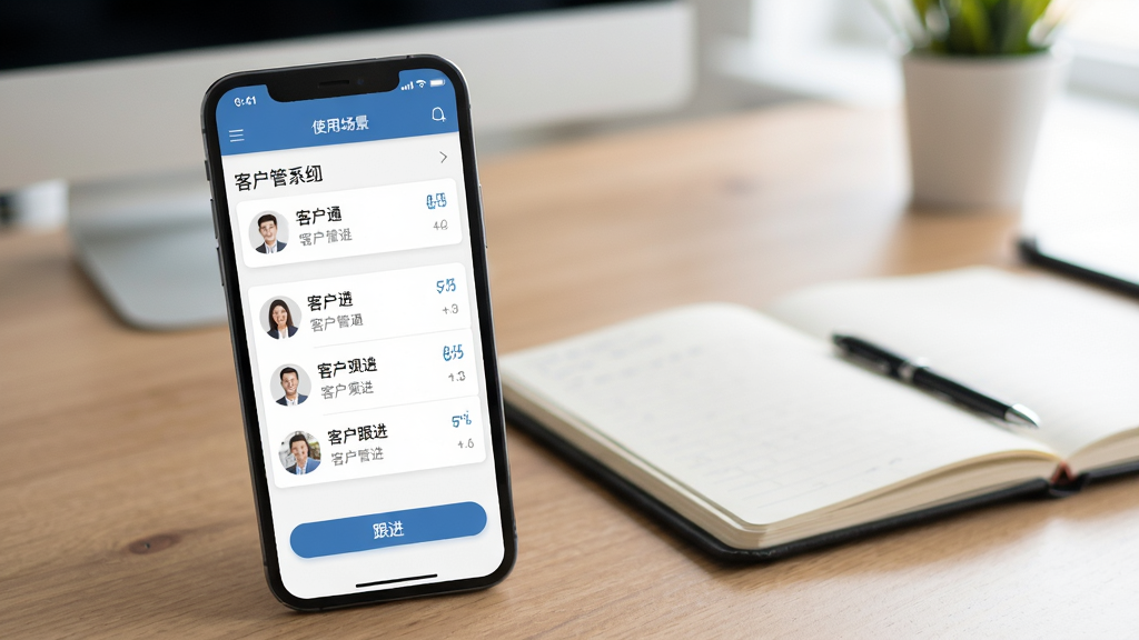 企业通客户关系管理系统移动端使用场景示意图,手机屏幕显示客户列表和跟进按钮,背景为办公桌和笔记本,排版整洁,风格写实,画质清晰明亮,无多余元素