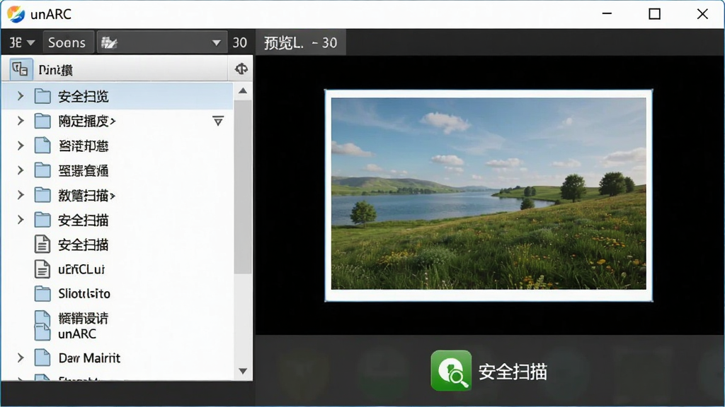 安全预览图:一张unARC软件界面的局部截图,左侧为文件列表,右侧为预览区域,显示一张图片的缩略图,界面底部有一个“安全扫描”的绿色图标,整体风格清爽,画质清晰,细节到位,无多余元素
