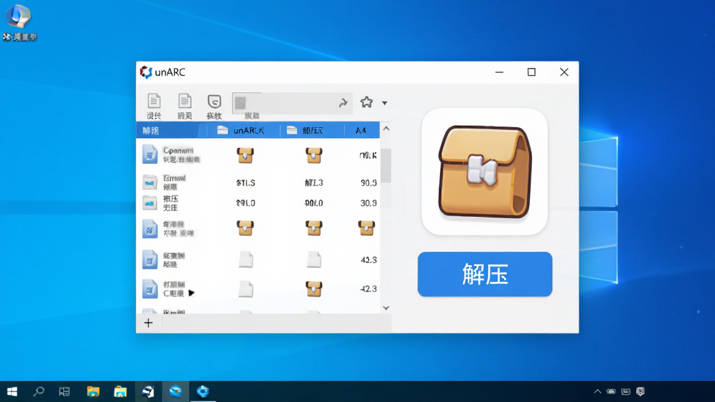 主视觉图:一款名为“unARC”的现代解压软件界面,展示在Windows桌面环境中,主窗口居中显示,包含文件列表区域和醒目的“解压”按钮,背景为干净的渐变蓝色,整体风格简洁明亮,图标为卡通风格的压缩包样式,画质高清,细节丰富,无多余元素