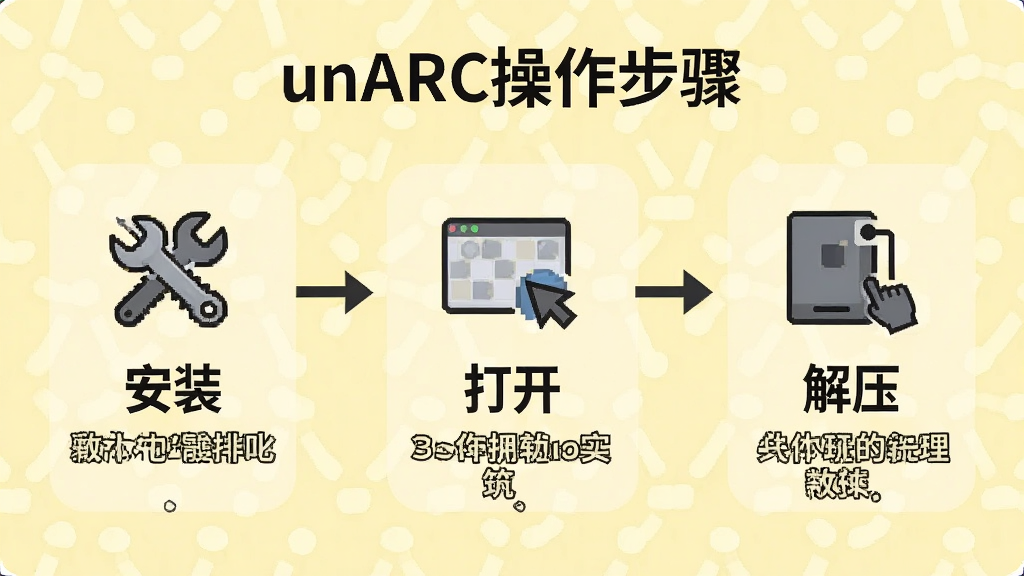 使用教程图:一张展示unARC操作步骤的流程图,分为“安装”、“打开”、“解压”三个步骤,每个步骤配有小图标和文字说明,背景为浅黄色,风格简洁,画质清晰,细节到位,无多余元素
