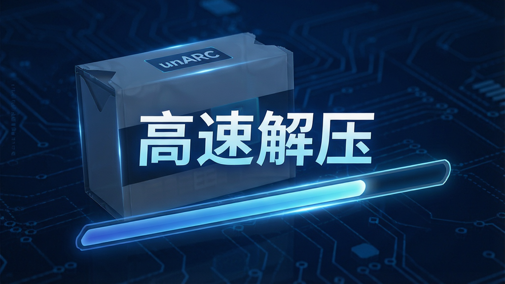 性能展示图:一张动态效果图,显示unARC正在快速解压一个大型压缩包,进度条快速前进,背景为科技感十足的深蓝色,中央显示“高速解压”字样,画质流畅,细节丰富,无多余元素
