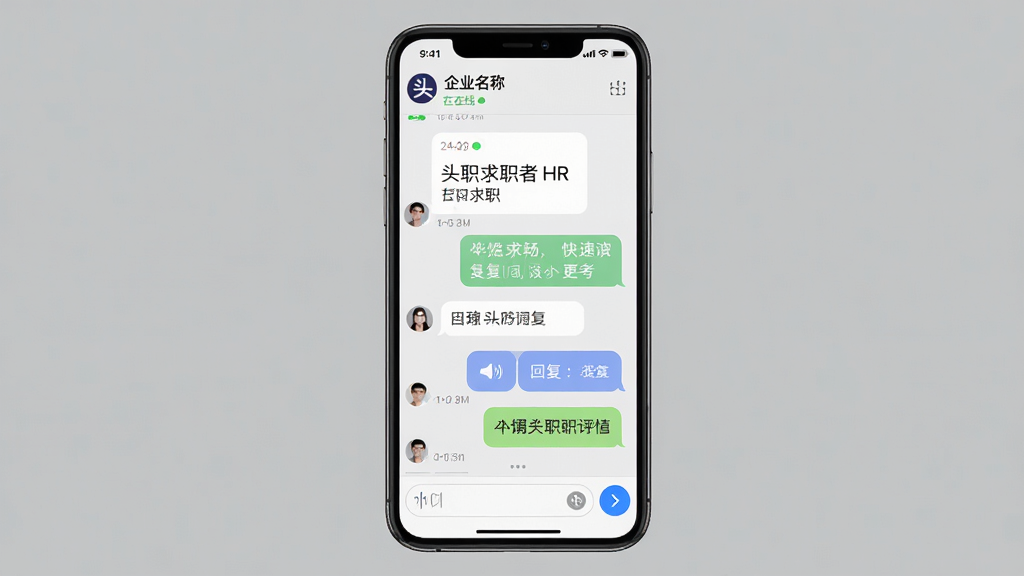 主体:手机聊天界面,显示“头职”求职者与HR的对话气泡,包含文字与语音消息。布局:手机居中,聊天背景为浅灰色,对话气泡左右分布。排版:上方显示企业名称与“在线”状态,底部有输入框与发送按钮。风格:真实UI截图风格,简洁清晰。细节:消息时间戳、已读回执、快捷回复按钮等元素。画质:高保真,无多余元素。