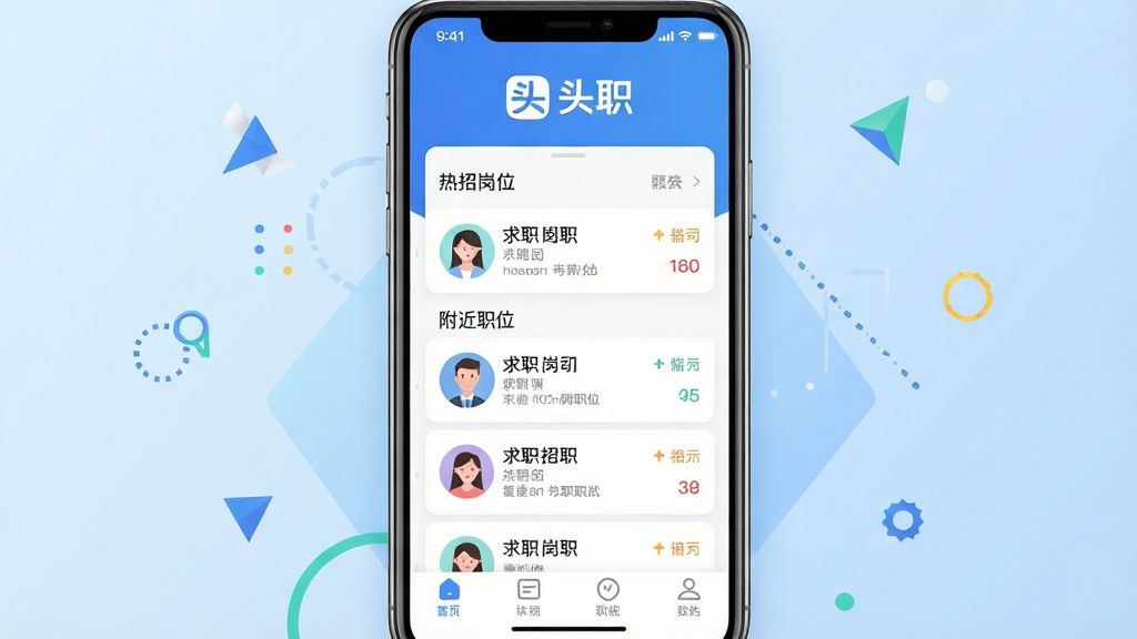 主体:手机屏幕展示“头职”APP主界面,界面顶部显示“头职”品牌Logo,中部为职位推荐列表,底部为功能导航栏。布局:居中构图,手机位于视觉中心,背景为浅蓝色渐变,周围有简洁的几何装饰。排版:界面文字清晰可读,列表项整齐排列。风格:现代扁平化设计,色彩明快,符合招聘类应用气质。细节:屏幕内显示“热招岗位”、“附近职位”等字样,并配有求职者头像与公司名称,画质:高清渲染,画面干净,无多余元素。