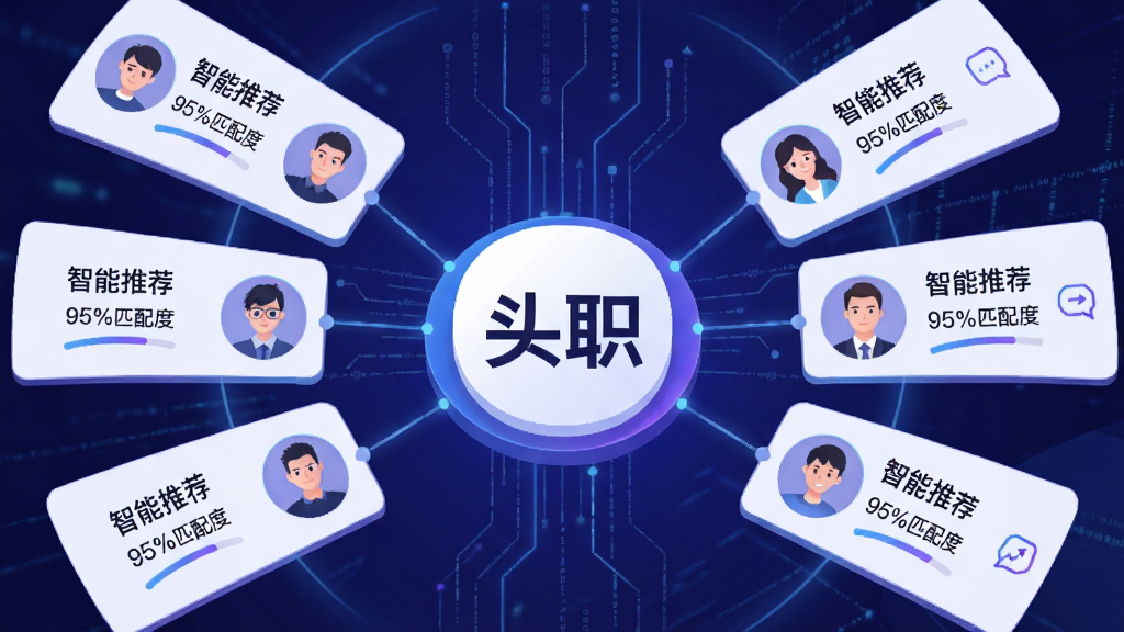 主体:人工智能匹配示意图,中央为“头职”Logo,周围环绕多个职位卡片与求职者头像。布局:左右对称,Logo居中,卡片呈放射状排列。排版:卡片上标注“智能推荐”、“95%匹配度”等字样。风格:科技感插画,蓝紫色调。细节:线条流畅,图标精细,背景有数据流线条。画质:清晰锐利,干净无多余元素。