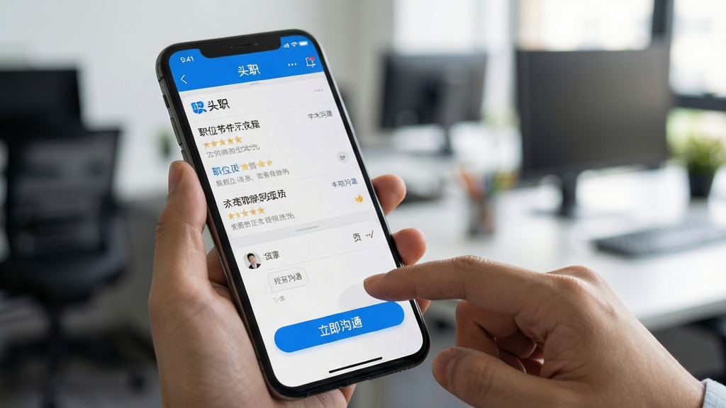 主体:用户正在手机上操作“头职”APP,手指点击“立即沟通”按钮。布局:手机特写,屏幕清晰显示求职界面,背景为办公室环境虚化。排版:突出手机屏幕内容,按钮高亮。风格:写实摄影风格,光线自然。细节:屏幕上有职位列表与沟通对话框,画质:高清,干净无多余元素。