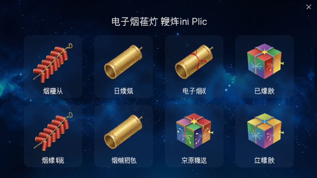 电子烟花鞭炮鞭炮种类选择界面,屏幕中央陈列着各种样式的电子鞭炮和烟花,包括红色长串鞭炮、金色圆筒礼花、彩色盒子烟花,每个图标下方有名称标签,背景为深蓝色星空,布局整齐,风格简洁,画质高清,干净无多余元素。