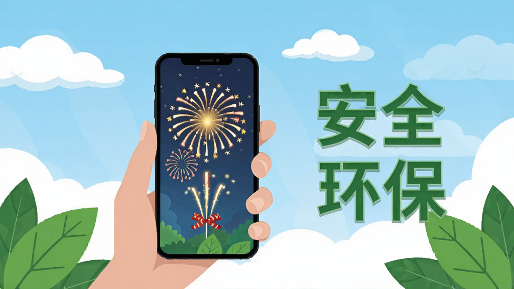 电子烟花鞭炮安全环保宣传图,一只手拿着手机,屏幕中绽放着电子烟花,周围有绿色树叶和“安全环保”字样,背景为蓝天白云,风格简约插画,画质清晰,干净无多余元素。