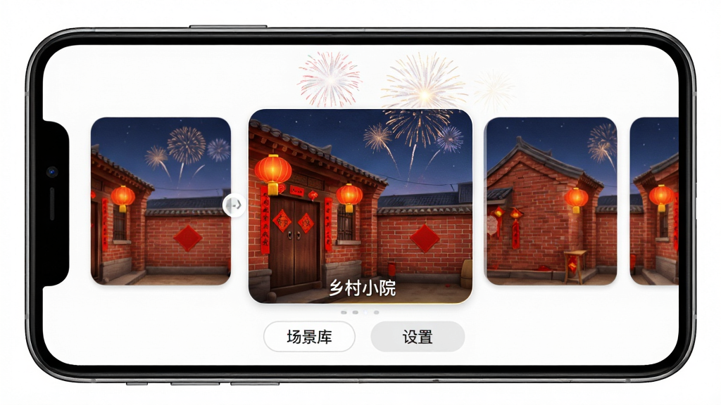 电子烟花鞭炮自定义场景功能展示,手机屏幕显示切换场景的轮播图,当前选中“乡村小院”背景,有红砖墙和挂满灯笼的屋檐,天空中有零星烟花绽放,界面底部有“场景库”和“设置”按钮,风格清新,画质高清,干净无多余元素。