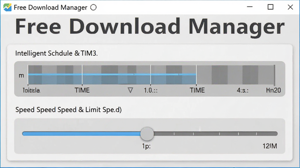 一张控制面板风格的概念图,展示Free Download Manager的调度设置界面,包含时间轴和速度滑块控件,背景为浅灰色,有“Free Download Manager”字样,整体风格简洁科技感,突出智能调度与限速功能,画质清晰,无多余元素。