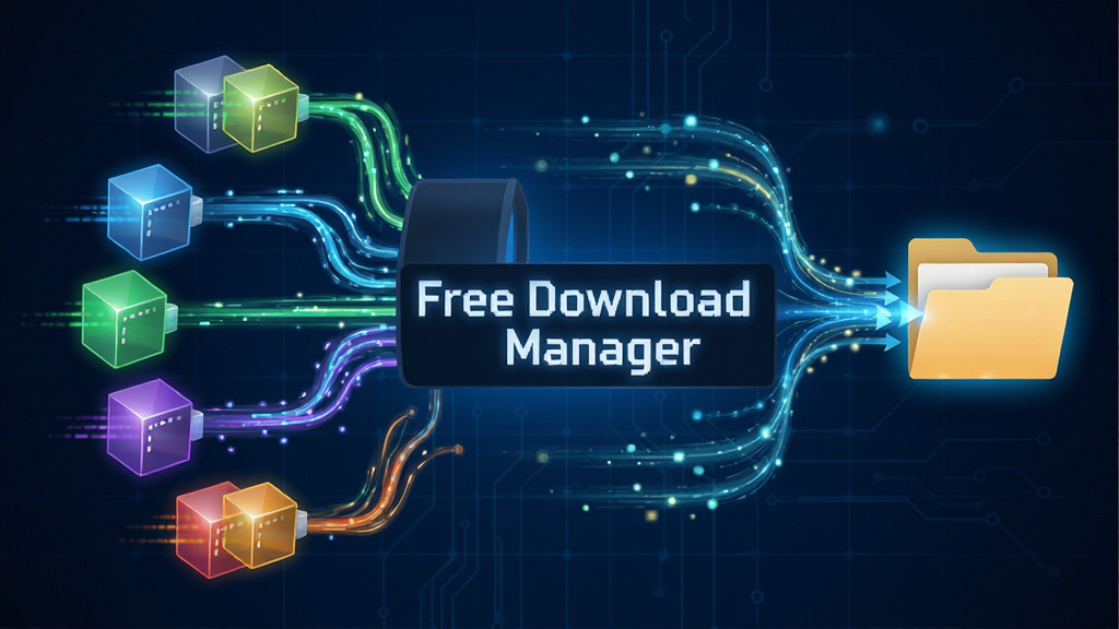 一张动态示意图,展示Free Download Manager将一个大文件分割成多个彩色数据块,通过多条并行线路同时下载,汇聚到本地文件夹中。画面中央有“Free Download Manager”字样,背景为深蓝色科技感网格,线条流畅,色彩明亮,突出高速与高效的视觉感受,画质清晰,干净整洁。
