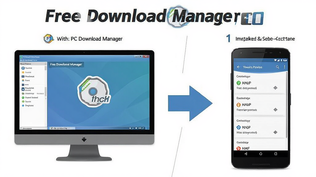 一张分步操作示意图,展示Free Download Manager在电脑和手机上的安装与设置过程,画面分为左右两部分,左侧为PC端界面,右侧为安卓手机界面,中间有箭头连接,整体风格简洁明了,有“Free Download Manager”字样,画质清晰,无多余元素。