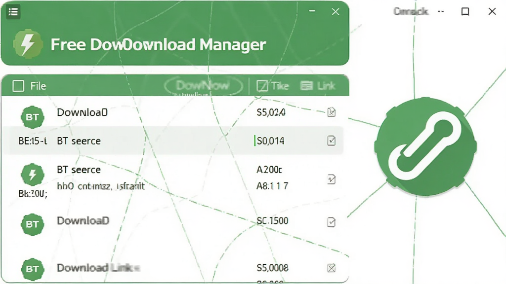 一张Flat设计风格的概念图,展示Free Download Manager软件界面中正在下载一个BT种子文件,文件列表清晰可见,旁边有一个磁力链接图标。整体配色以绿色和白色为主,界面简洁,突出“Free Download Manager”支持BT下载的特性,画面干净,无多余元素,画质高清。