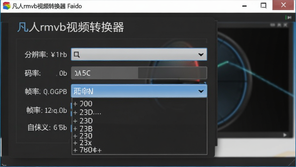 展示参数设置面板的图片,面板中包含分辨率、码率、帧率等选项,下拉菜单展开状态,风格专业,背景为软件界面,突出“凡人rmvb视频转换器”的自定义功能,画质清晰,无多余元素。