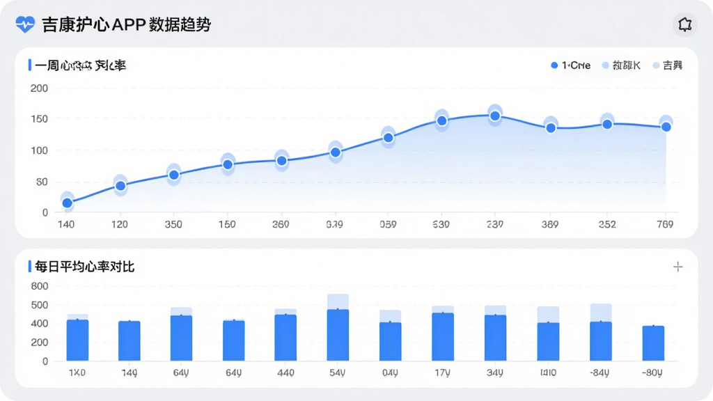 吉康护心APP健康数据趋势页面,折线图展示一周心率变化,下方有柱状图对比每日平均心率,背景为浅灰色,数据点用蓝色圆点标记,界面清爽,信息层级分明,画质高清,无多余元素