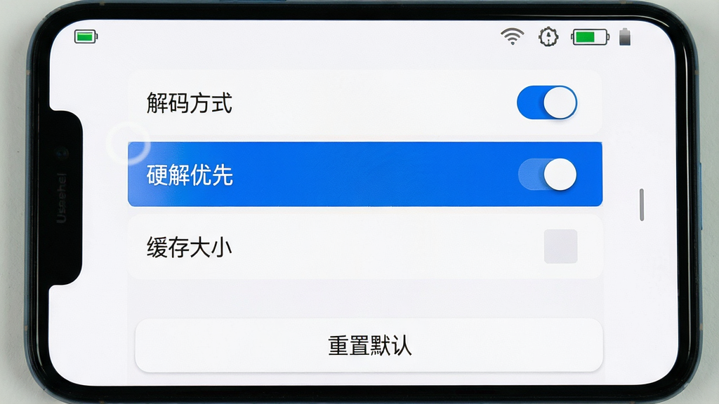 主体:手机屏幕展示Useehel播放设置界面,包含“解码方式”、“硬解优先”、“缓存大小”等选项;布局:设置列表垂直排列,每个选项右侧有开关或选择框;排版:文字清晰,当前选中“硬解优先”选项高亮显示;风格:简洁实用,背景为白色,选项间隔分明;细节:电池电量图标显示在状态栏,屏幕下方有“重置默认”按钮;画质:高清,干净,无多余元素。