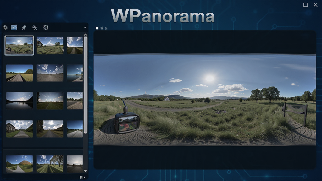 画面中央展示WPanorama软件主界面,左侧为图片素材库缩略图列表,右侧为大型全景预览窗口,背景呈深蓝色科技感渐变,界面采用扁平化设计,图标线条清晰,整体布局简洁明快,突出软件名称“WPanorama”字样,画质高清,干净无多余元素。
