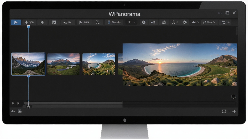 电脑屏幕前展示WPanorama软件拼接功能界面,多张风景照片被拖入时间线,软件自动拼接成一张完整的全景图,界面以深灰色为主,功能按钮排列整齐,突出“WPanorama”字样,画质细腻,干净无多余元素。