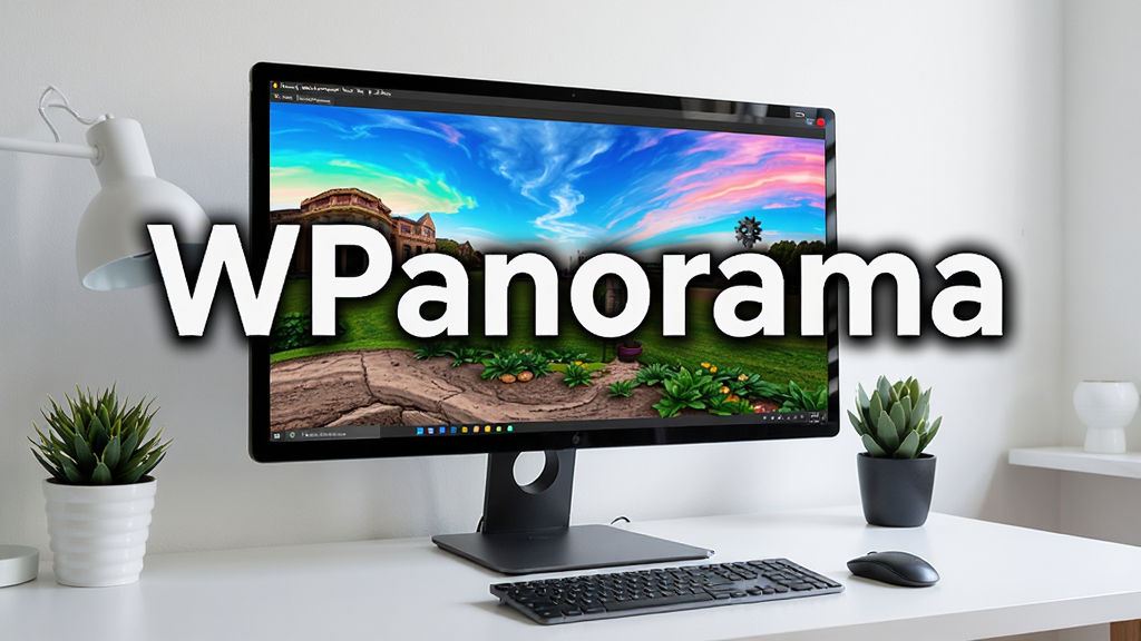 展示WPanorama软件运行时的桌面效果,电脑屏幕显示全景壁纸,画面色彩鲜艳,周围环境整洁,突出“WPanorama”字样,画质高清,干净无多余元素。