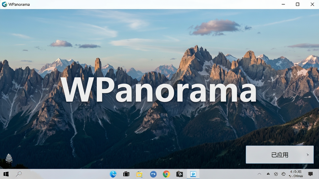 展示WPanorama软件一键设置壁纸的界面,电脑桌面背景显示一张壮丽的山脉全景图,任务栏半透明,界面右下角弹出“已应用”提示框,整体色调清新自然,突出“WPanorama”字样,画质干净无多余元素。