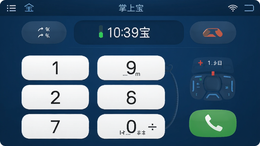 掌上宝网络电话拨打界面,显示虚拟拨号键盘和通话状态,背景为深蓝色,通话按钮为绿色,界面简洁直观,细节丰富,画质高清,无多余元素