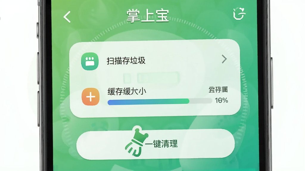 掌上宝一键加速功能界面,显示扫描结果,包含缓存垃圾大小、内存占用比例,下方有“一键清理”按钮,背景为绿色渐变,图标风格清新,画质细腻,无多余元素