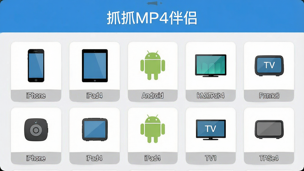 一张展示抓抓MP4伴侣预设方案选择界面的图片,界面中罗列了多种设备图标(iPhone、iPad、Android、TV等),每个图标下方有对应文字标签,整体设计简洁直观,风格扁平化,文字清晰可见“抓抓MP4伴侣”,画质干净
