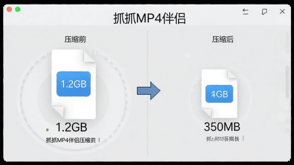 展示抓抓MP4伴侣压缩前后对比的界面,左侧为压缩前文件信息(1.2GB),右侧为压缩后文件信息(350MB),中间用箭头连接,背景为浅灰色,界面干净,标注“抓抓MP4伴侣”字样,画质清晰