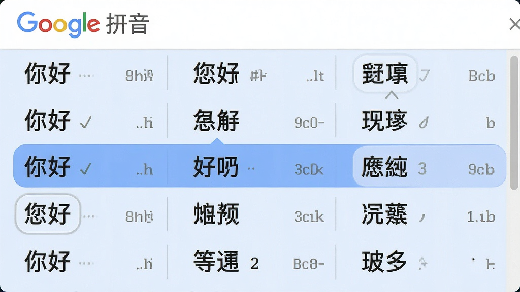 主体:谷歌拼音软件的候选词界面,突出智能预测功能。布局:候选词列表水平排列,高亮显示最可能的词汇。排版:词条间距适中,字体清晰。风格:简洁明快,背景为淡蓝色调。细节:候选词包括“你好”、“您好”等,并带有词频标记。画质:高清,干净,无多余元素。