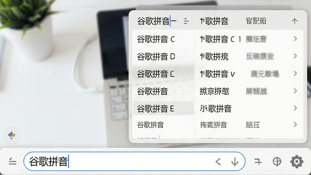 主体:谷歌拼音输入法软件的界面预览图,展示其简洁的输入条和候选词窗口。布局:输入条位于屏幕下方,候选词窗口整齐排列,背景为干净的桌面。排版:界面元素清晰,文字可读。风格:现代扁平化设计,色调以白色和浅灰色为主。细节:输入条上显示“谷歌拼音”字样,候选词清晰。画质:高清,干净,无多余元素。