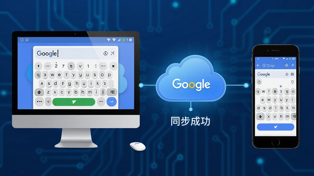 主体:谷歌拼音软件的云同步功能示意图,展示多设备同步。布局:左侧为电脑,右侧为手机,中间有云端图标连接。排版:图标下方标注“同步成功”。风格:科技感,蓝色调。细节:云端图标带有“Google”字样,设备屏幕上显示输入法界面。画质:高清,干净,无多余元素。