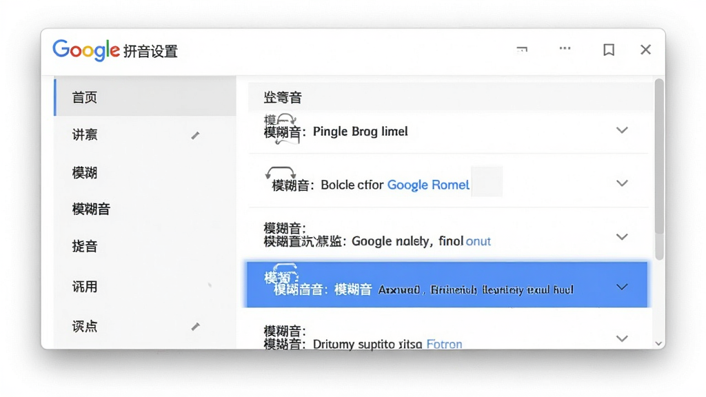 主体:谷歌拼音设置界面,突出“模糊音”选项。布局:设置窗口居中,选项列表清晰。排版:左侧为分类,右侧为具体选项。风格:简洁,白色背景。细节:模糊音选项被高亮选中,旁边有说明文字。画质:高清,干净,无多余元素。