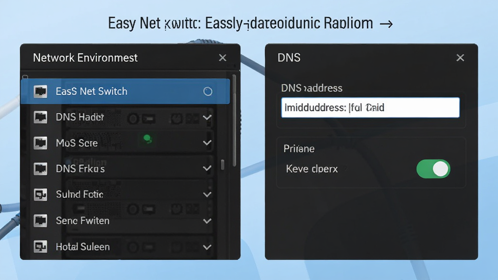 Easy Net Switch软件功能示意图,左侧是网络环境列表,右侧是DNS设置面板,显示DNS地址输入框和代理开关,背景为浅蓝色渐变,整体风格简约商务,排版清晰,细节丰富,画质干净