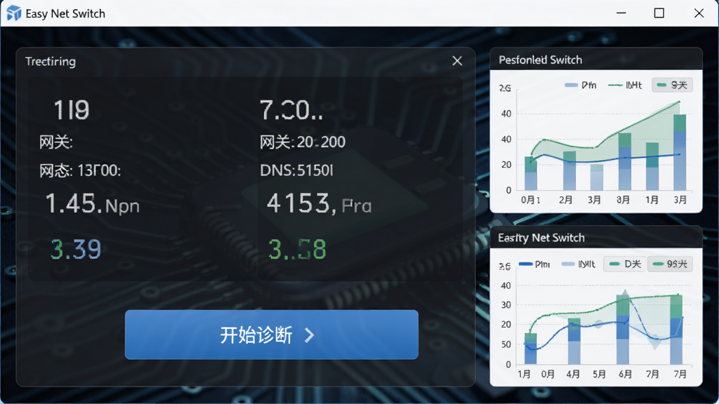 Easy Net Switch软件的网络诊断界面,显示当前IP、网关、DNS状态,并有一个“开始诊断”按钮,背景为深色科技风格,数据图表展示,整体风格专业,排版清晰,细节丰富,画质干净
