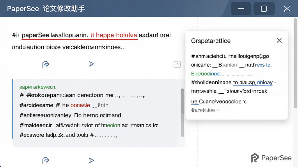 主体:PaperSee论文修改助手语法纠错功能展示,布局:左侧是带有红色下划线的英文句子,右侧是修改建议弹窗,排版:上下结构,上方错误句子下方建议,风格:学术严谨风格,细节:界面右下角有“PaperSee”水印,画质:清晰,干净,无多余元素