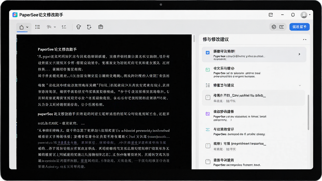 主体:PaperSee论文修改助手软件界面,电脑屏幕显示论文编辑与修改建议面板,布局:左侧论文原文,右侧修改建议列表,排版:清晰的分栏式界面,风格:现代简约科技感,细节:屏幕上有“PaperSee论文修改助手”字样,画质:高清,干净,无多余元素