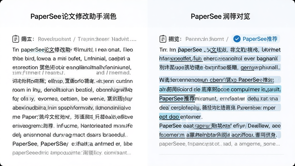主体:PaperSee论文修改助手润色前后对比预览,布局:左右对比,左侧原文,右侧润色后,排版:并排对照,风格:简洁明快,细节:右侧文本高亮显示修改部分,并标注“PaperSee推荐”,画质:高清,干净,无多余元素