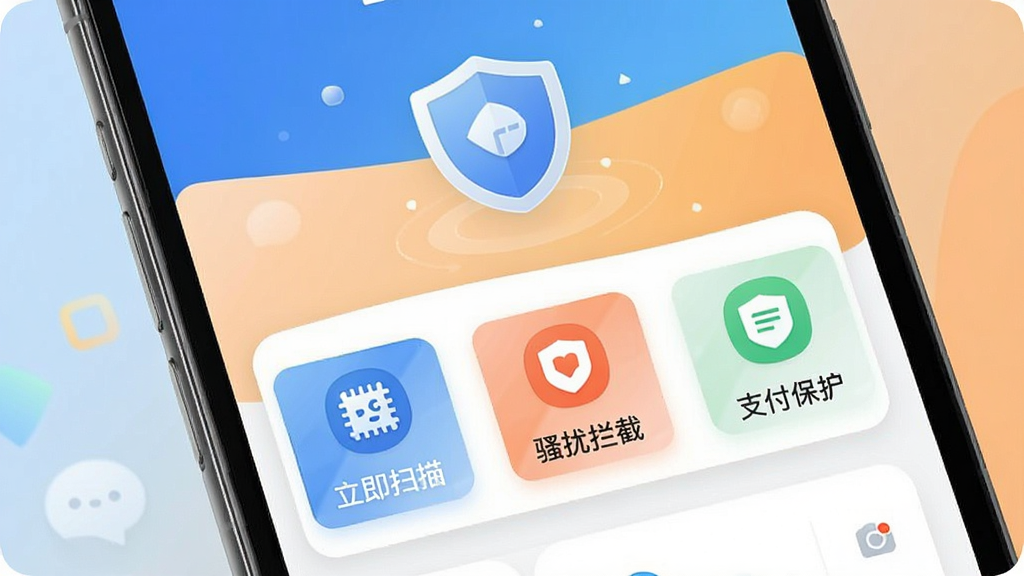 TimeOn云杀毒手机版主界面截图,展示其移动端简洁的卡片式布局,顶部为盾牌图标,下方有“立即扫描”、“骚扰拦截”、“支付保护”三大按钮,背景为渐变色,整体风格清新,UI精致,画质清晰