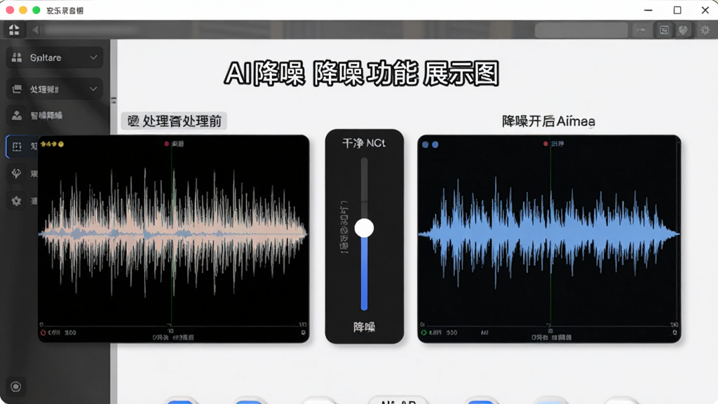 宏乐录音棚智能降噪功能展示图,左侧为处理前的噪声波形,右侧为处理后的干净波形,中间有降噪强度调节滑块,背景为软件操作界面,风格简洁明了,突出AI降噪效果对比。