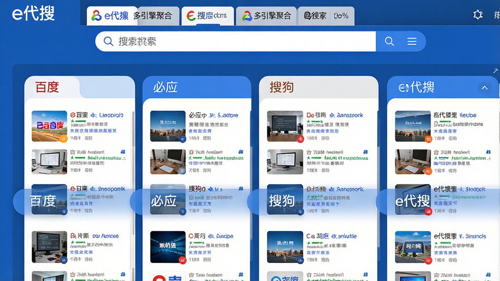主体:e代搜的多引擎聚合界面,显示多个搜索引擎标签页。布局:上方为搜索框,下方为并列的多个标签页,每个标签页展示不同搜索结果。排版:标签页横向排列,内容区域滚动显示。风格:简洁商务风,蓝色主调,卡片式布局。细节:标签页上分别标注“百度”“必应”“搜狗”等字样,结果列表带缩略图。画质:高清,干净,无多余元素。