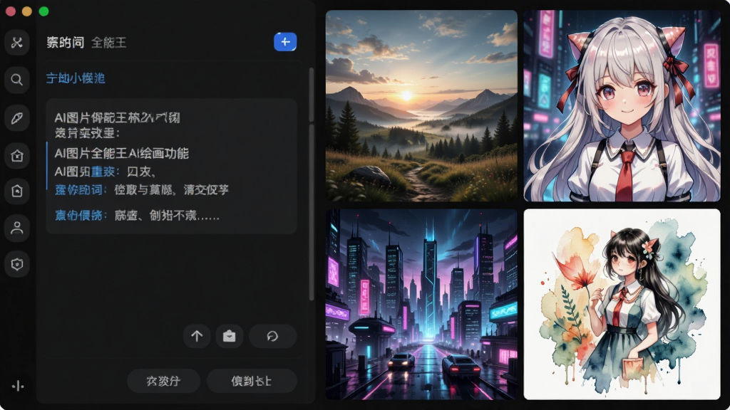 一张展示AI图片全能王AI绘画功能的预览图,画面左边是输入的文字提示词,右边是生成的四张风格各异的成品图,包含写实风景、动漫少女、赛博朋克城市、水彩插画,软件界面为深色主题,操作按钮清晰可见,画质清晰,无多余元素